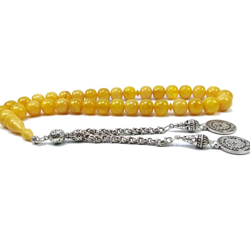 Sarı Hareli FıçıTekerlek Model Sıkma Kehribar Tesbih