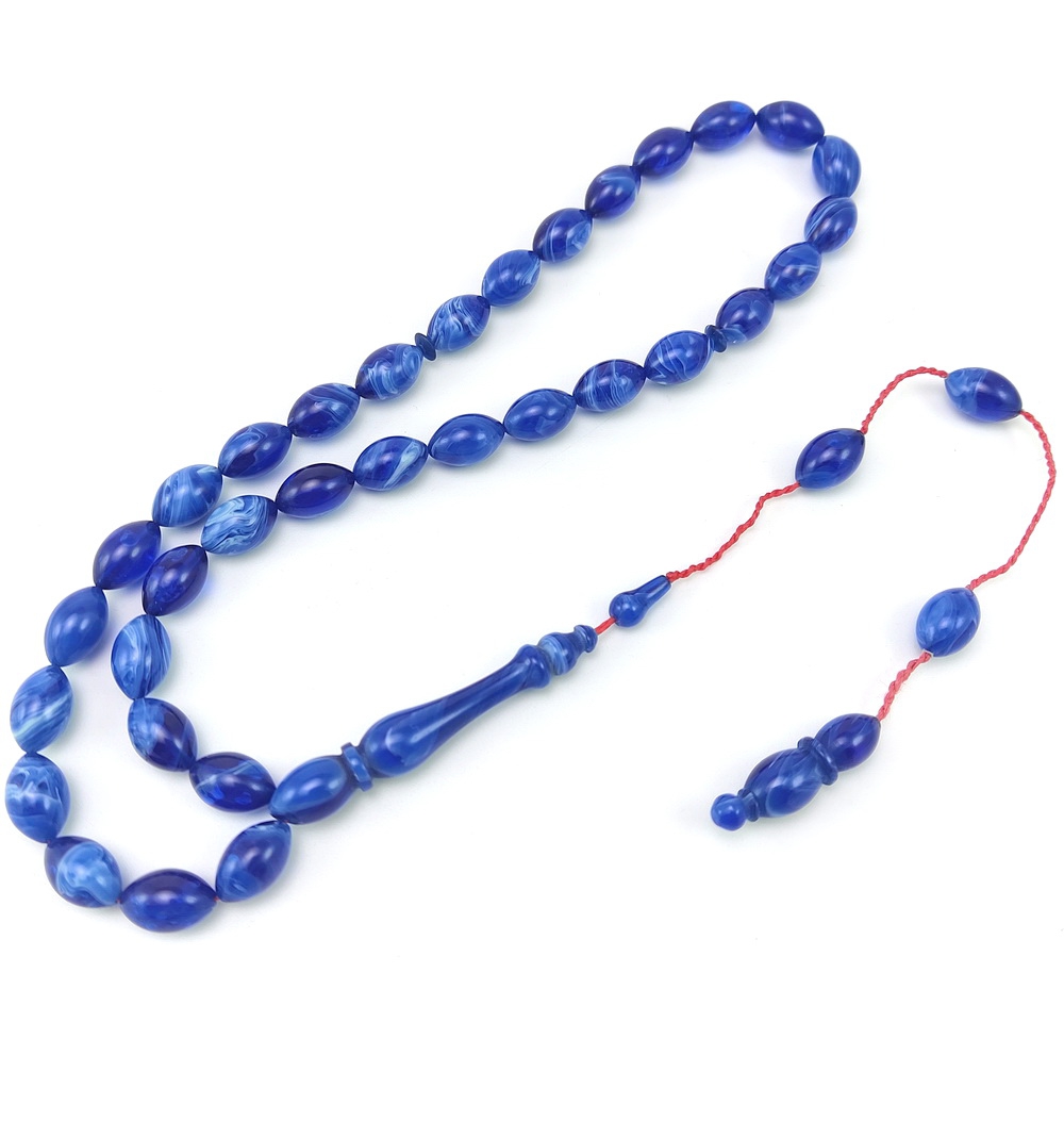 Mavi Beyaz Hareli Sistemli Arpa Model Sıkma Kehribar Tesbih