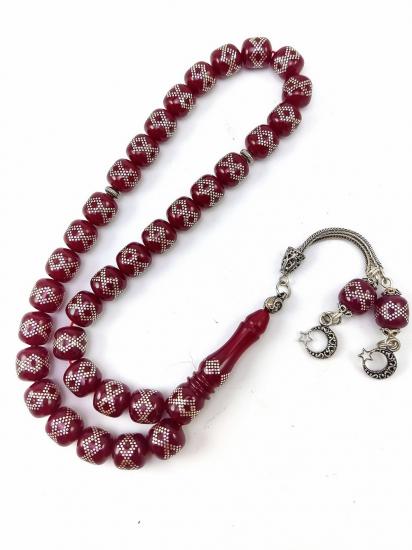 Gümüş Tesbih, Zar Tesbih, Fıçı Kesim Gümüş İşlemeli Tesbih, Sıkma Kehribar Tesbih, 